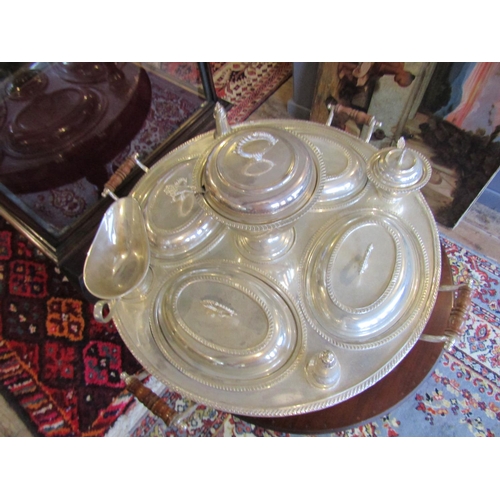 1112 - Fine Silver Plated Serving Set Including Tureen Entree Dishes, etc. on Revolving Base Silver Plated ... 