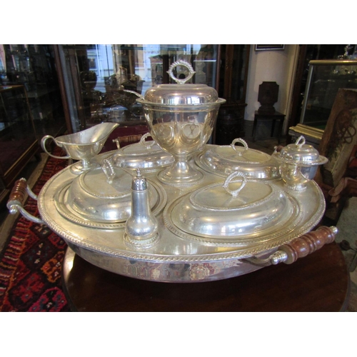 1112 - Fine Silver Plated Serving Set Including Tureen Entree Dishes, etc. on Revolving Base Silver Plated ... 