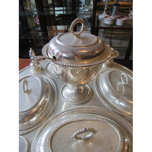 1112 - Fine Silver Plated Serving Set Including Tureen Entree Dishes, etc. on Revolving Base Silver Plated ... 