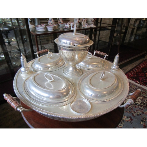 1112 - Fine Silver Plated Serving Set Including Tureen Entree Dishes, etc. on Revolving Base Silver Plated ... 