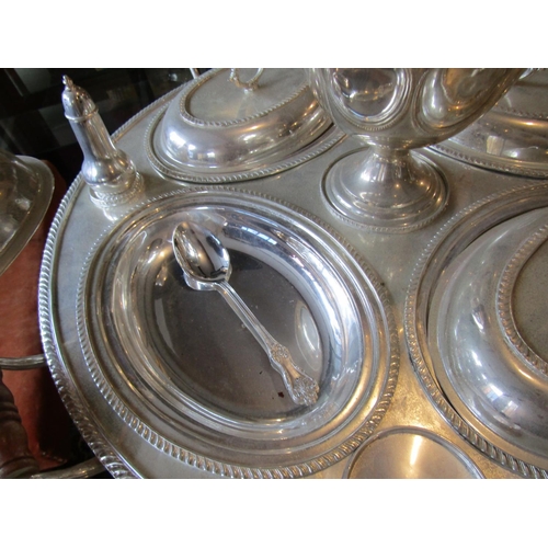 1112 - Fine Silver Plated Serving Set Including Tureen Entree Dishes, etc. on Revolving Base Silver Plated ... 