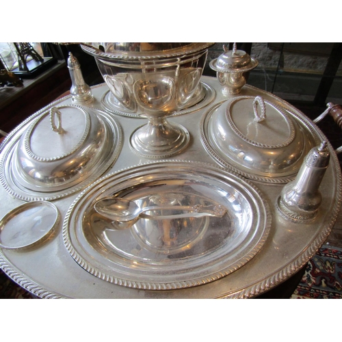 1112 - Fine Silver Plated Serving Set Including Tureen Entree Dishes, etc. on Revolving Base Silver Plated ... 