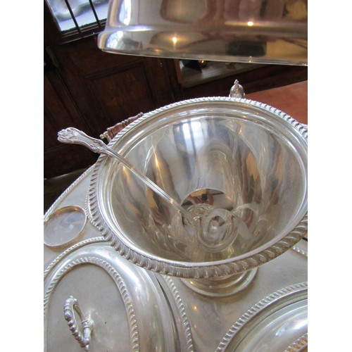 1112 - Fine Silver Plated Serving Set Including Tureen Entree Dishes, etc. on Revolving Base Silver Plated ... 