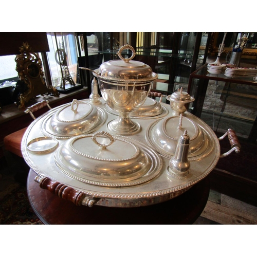 1112 - Fine Silver Plated Serving Set Including Tureen Entree Dishes, etc. on Revolving Base Silver Plated ... 