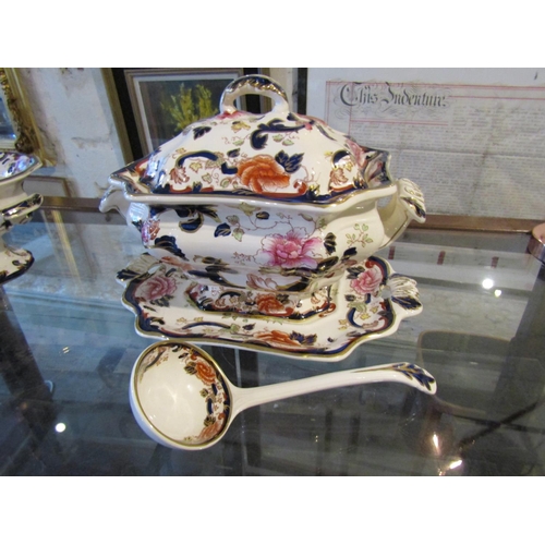 1113 - Masons Ironstone Mandalay Pattern Tureen with Original Cover and Base with Tureen Spoon