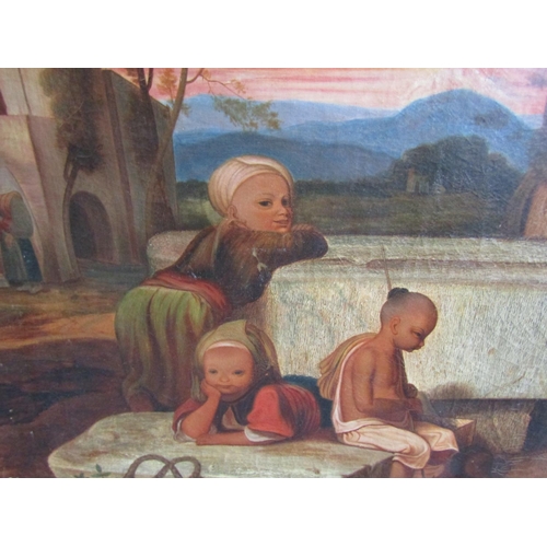 1127 - Victorian Orientalist School Children with Tortoise by Well Oil on Canvas Signed Distinctly Approxim... 