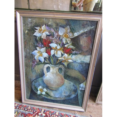 1128 - Russian School Still Life with Figure Signed Indistinctly Lower Right Inscribed Verso Oil on Canvas ... 