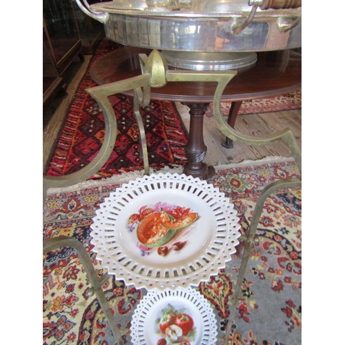 1143 - Twin Shelf Brass Bound Edwardian Cake Stand with Two Porcelain Fruit Dishes