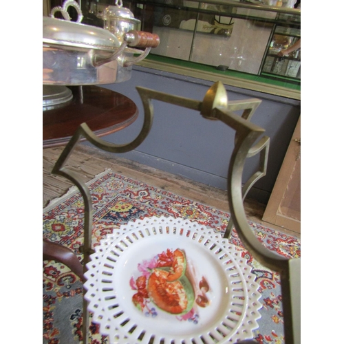 1143 - Twin Shelf Brass Bound Edwardian Cake Stand with Two Porcelain Fruit Dishes