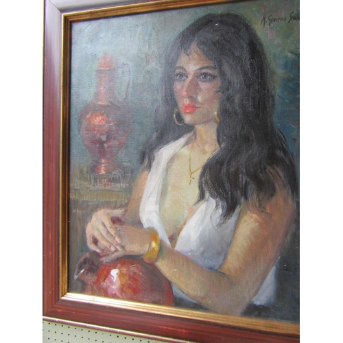 1148 - Continental School Artist's Model Seated with Vase Oil on Canvas Approximately 24 Inches High x 20 I... 