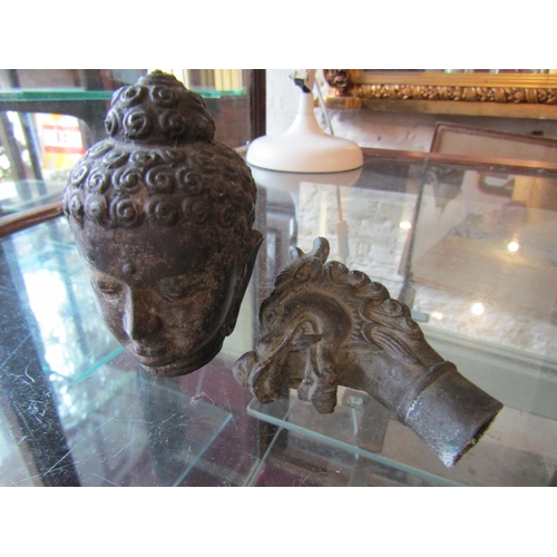 1157 - Bronze Figure Buddha and Bronze Dragon Motif Walk Stick Handle Each Approximately 8cm High