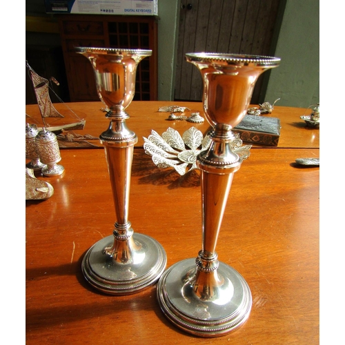 1181 - Pair of Silver Pedestal Form Candle Sticks Each Approximately 8 Inches High