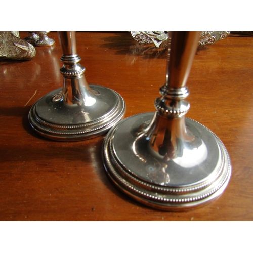 1181 - Pair of Silver Pedestal Form Candle Sticks Each Approximately 8 Inches High