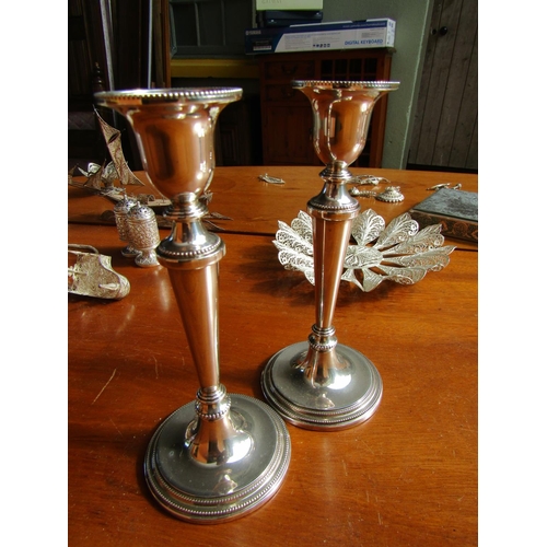 1181 - Pair of Silver Pedestal Form Candle Sticks Each Approximately 8 Inches High