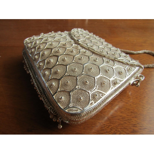 1183 - Ladies Evening Bag Silver with Silver Chain Good Original Condition Attractively Detailed Throughout... 