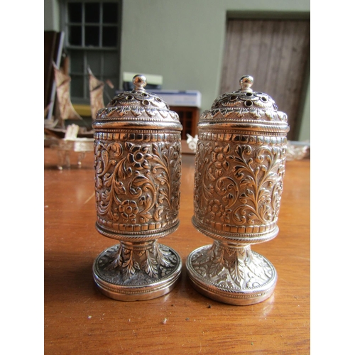 1184 - Pair of Silver Salt and Peppers Pedestal Form Each Approximately 3 Inches High