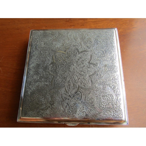 1186 - Silver Table Box Square Form Engraved Incised Decoration Throughout Approximately 6 Inches Square