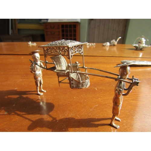 1192 - Novelty Piece Silver Two Figures with Salon Carry Chair Approximately 9cm Long