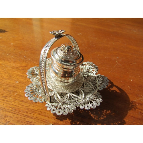 1195 - Silver Table Salt with a Basket Form Surround Shaped Form Carry Handle Attractively Detailed Through... 