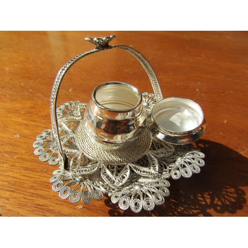 1195 - Silver Table Salt with a Basket Form Surround Shaped Form Carry Handle Attractively Detailed Through... 