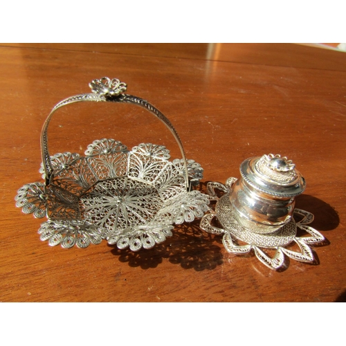 1195 - Silver Table Salt with a Basket Form Surround Shaped Form Carry Handle Attractively Detailed Through... 