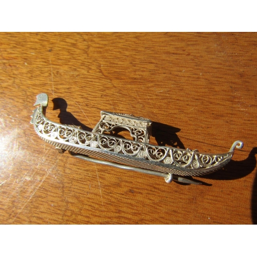 1200 - Three Silver Boat Form Brooches Attractively Detailed Largest Approximately 7cm Wide