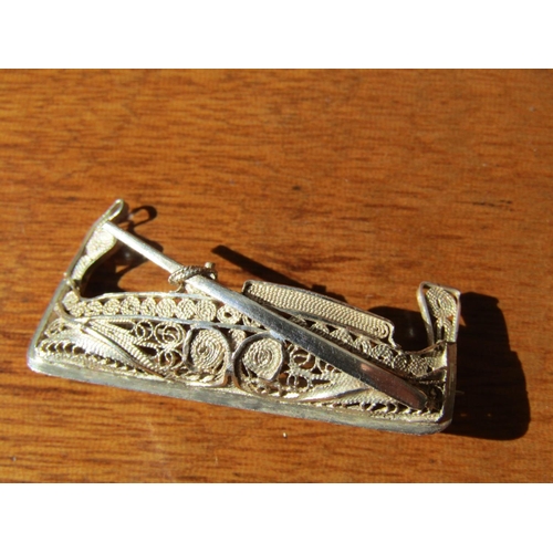 1200 - Three Silver Boat Form Brooches Attractively Detailed Largest Approximately 7cm Wide