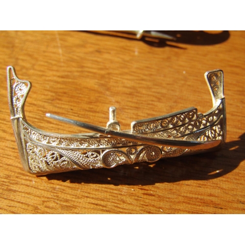 1200 - Three Silver Boat Form Brooches Attractively Detailed Largest Approximately 7cm Wide