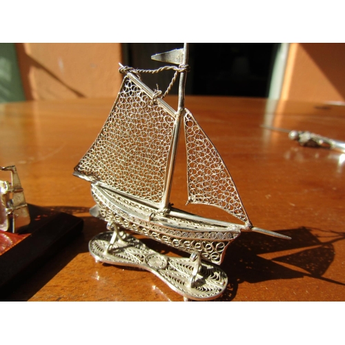 1205 - Silver Galleon and Silver Ship Two Pieces in Lot Widest Approximately 3 Inches