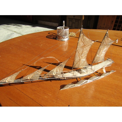 1207 - Silver Sailing Ship with Masts at Full Sail Approximately 8 Inches Wide