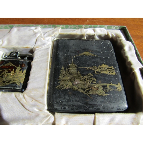 1218 - Three Japanese Enamelwork Cigarette Cases with Cigarette Lighter Four Pieces in Lot