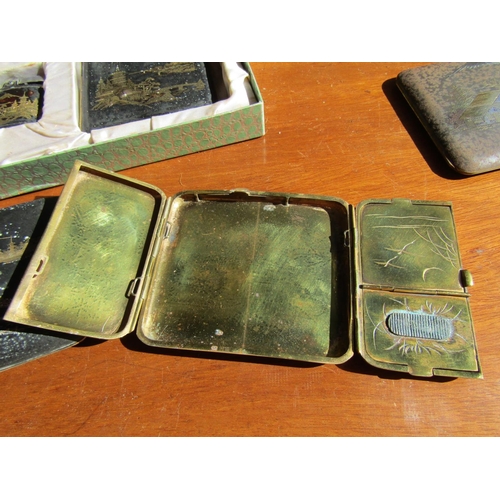 1218 - Three Japanese Enamelwork Cigarette Cases with Cigarette Lighter Four Pieces in Lot