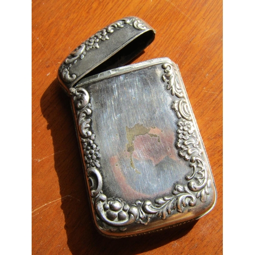 1228 - Silver Cased Card Holder Hinged Cover Rocco Form Decoration Approximately 8cm High x 3cm Wide