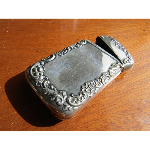 1228 - Silver Cased Card Holder Hinged Cover Rocco Form Decoration Approximately 8cm High x 3cm Wide