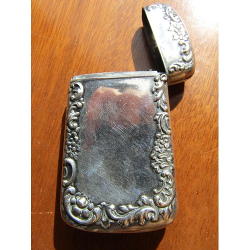 1228 - Silver Cased Card Holder Hinged Cover Rocco Form Decoration Approximately 8cm High x 3cm Wide