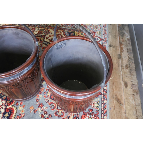 1270 - Pair of Gothic Form Irish Peat Buckets Mahogany with Liners Within Each Approximately 22 Inches High... 