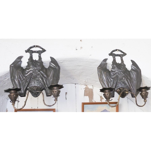 1284 - Pair of Bronze Vampire Bat Motif Twin Sconce Wall Lights Attractively Detailed Each Approximately 12... 