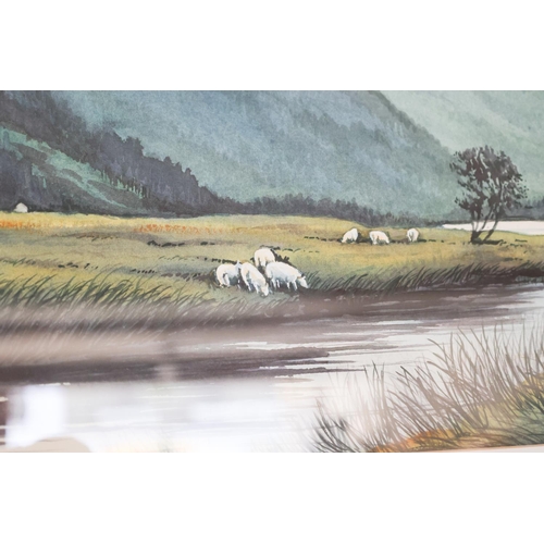 1285 - Peter Knuttel Sheep by River Mountains Connemara Watercolour Approximately 18 Inches High x 22 Inche... 