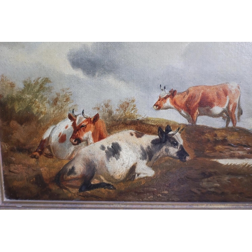 1292 - Victorian School Cattle by River Contained Within Gilded Swept Corner Frame Oil on Canvas Approximat... 