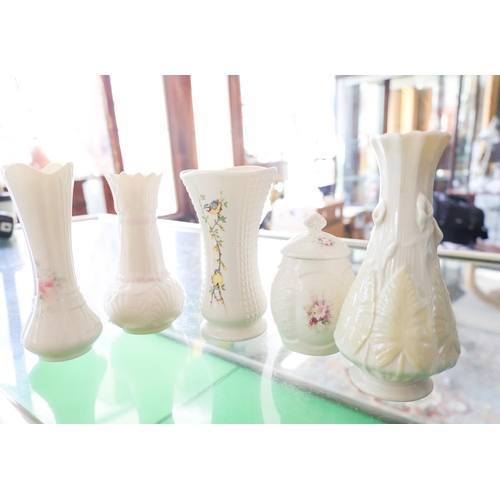 1307 - Five Pieces Belleek Porcelain Including Shaped Form Vase Tallest Approximately 9 Inches High