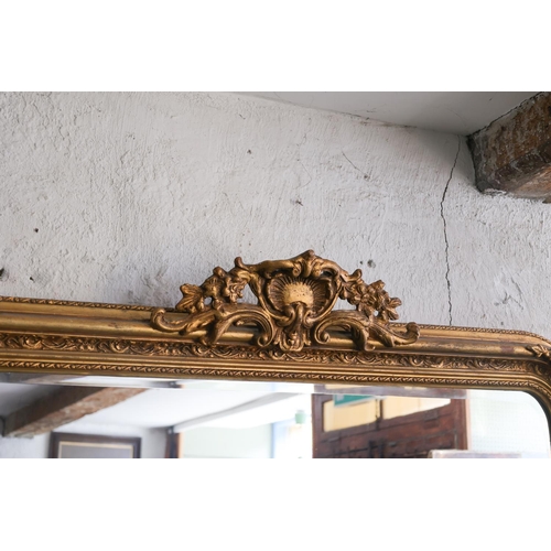 1309 - Large Gilded Rectangular Form Wall Mirror Upper Cartouche Decoration Approximately 4ft 6 Inches Wide