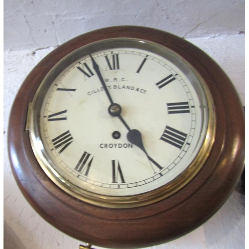 1312 - Mahogany Cased Brass Bound Dial Wall Clock Approximately 10 Inches Diameter Key and Pendulum Present