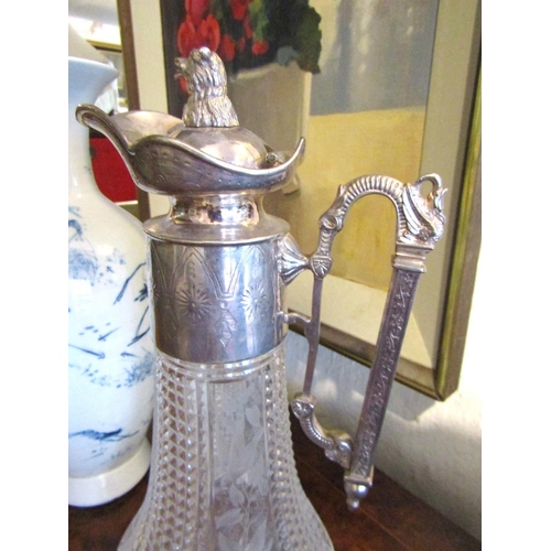 1317 - Antique Claret Jug Attractively Detailed Crystal with Silver Plate Approximately 12 Inches High