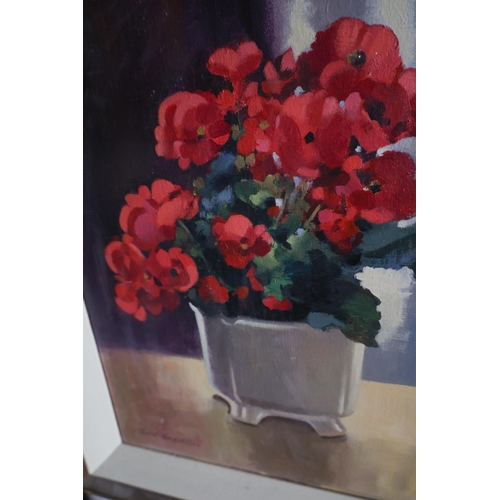 1321 - John Skelton Still Life Titled Begonias Dated 1983 Signed Lower Left Oil on Canvas Inscribed Verso A... 