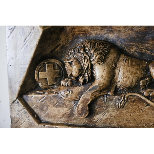 1331 - Carved Plaster Tablet Lion at Rest Inscription Above Approximately 16 Inches Wide x 12 Inches High x... 