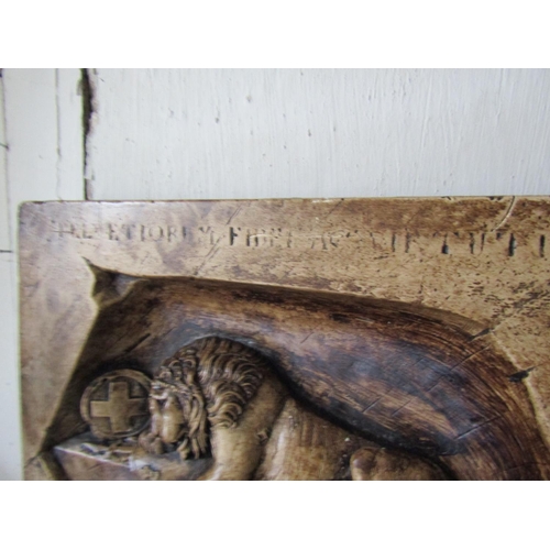 1331 - Carved Plaster Tablet Lion at Rest Inscription Above Approximately 16 Inches Wide x 12 Inches High x... 