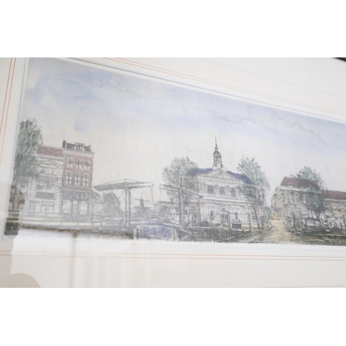 1333 - Continental School Town Scene Coloured Engraving Signed and Titled Approximately 22 Inches Wide x 8 ... 