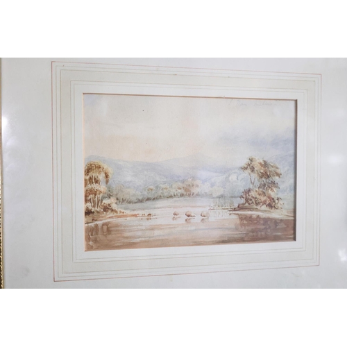 1341 - Victorian School Watercolour River Scene with Sheep Mountains Beyond Approximately 6 Inches High x 1... 