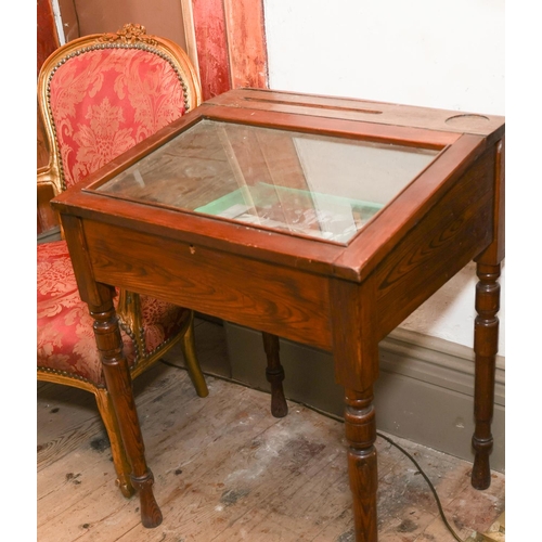 1359 - Pitch Pine Collectors Table Cabinet with Glazed Lift-up Top above Turned Supports Approximately 22 I... 