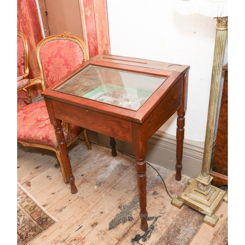 1359 - Pitch Pine Collectors Table Cabinet with Glazed Lift-up Top above Turned Supports Approximately 22 I... 